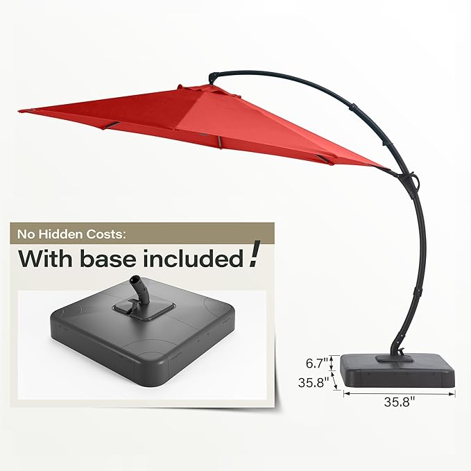 EO Living Outdoor Patio Umbrella with Base included, 11 FT Deluxe Curvy Cantilever Umbrella Heavy Duty Offset Hanging Umbrella with 360° Rotation for Pool, Garden, Backyard, Deck (Red)