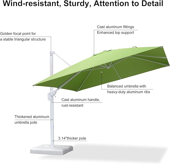 PURPLE LEAF 10 FT Patio Umbrella With Base White Cantilever Umbrella Square Outdoor Offset Umbrella Windproof with 360° Rotation for Garden Deck Pool, Macaw Green