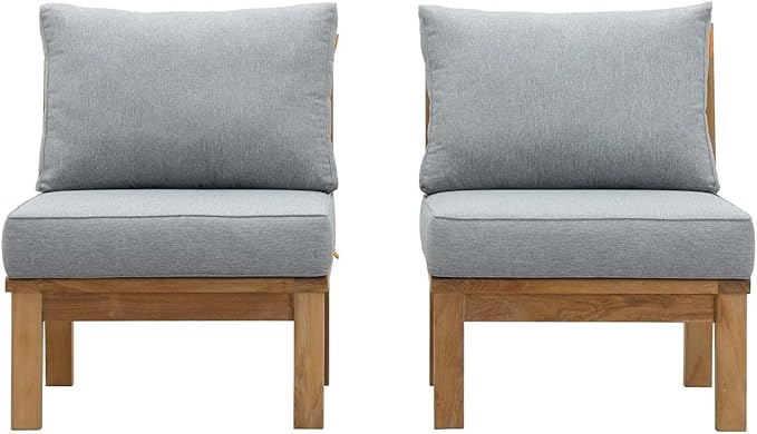 Modway EEI-1821-NAT-GRY-SET Marina Premium Grade A Teak Wood Outdoor Patio Armless Chairs-Set of 2, Natural Gray