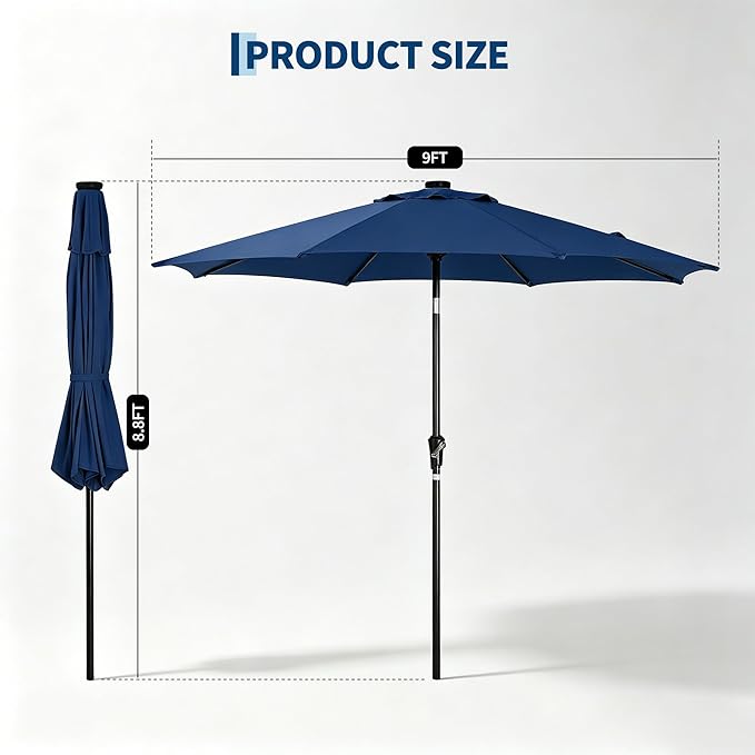 Garvee 9FT Patio Umbrella with 32 Solar LED Lights, Outdoor Table Market Umbrella with Tilt and Crank, 8 Sturdy Iron Ribs Sun Shade for Garden, Deck, Backyard and Pool, Navy Blue