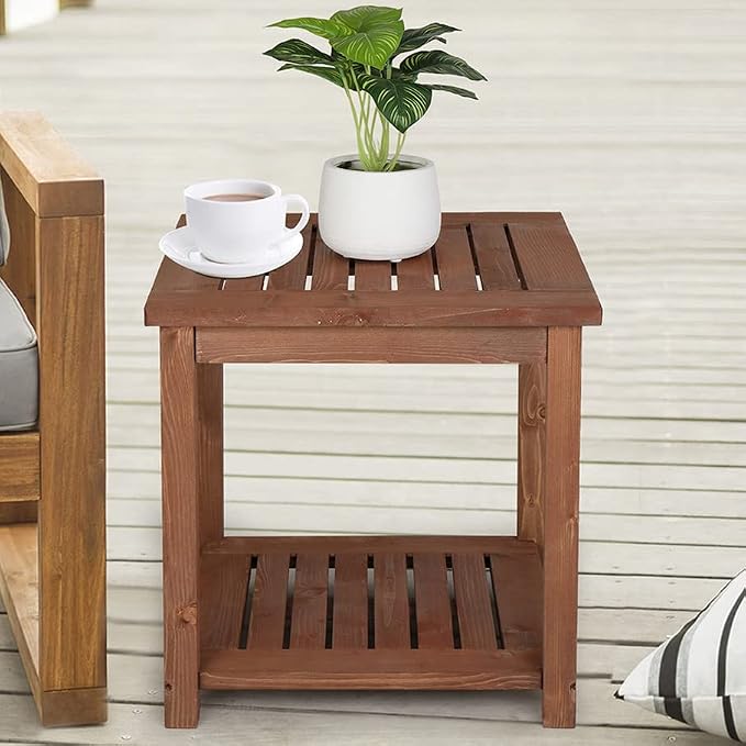 Wood Outdoor Side Table with Storage Shelves, Outdoor Side Table, Small End Tables for Patio, Wooden Accent Furniture for