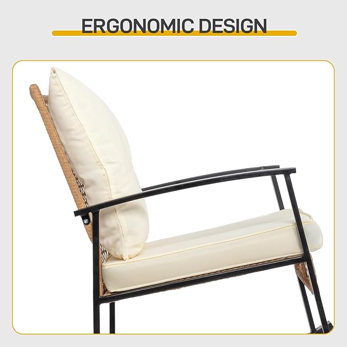 3 Pieces Patio Furniture Set, Outdoor Wicker Rocking Chairs with Cushions, Coffee Table, Rattan Bistro Rocker Set for Front Porch, Relaxing & Dining Conversation Set Light Yellow Rattan, White Cushion