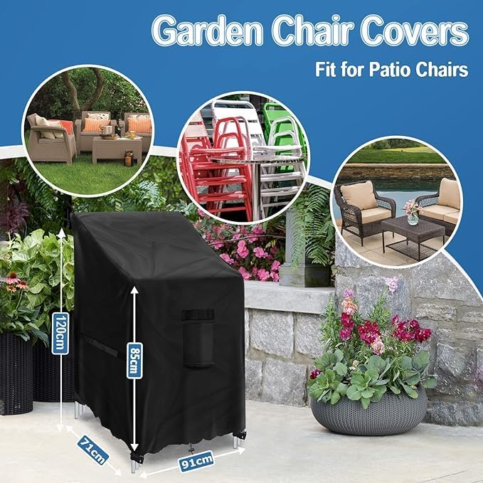 GARPROVM Garden Chair Cover 2 Pack, Outdoor Stack Chairs Covers Waterproof Garden Chair Covers, 420D Oxford Fabric Paito Furniture Covers for Lounge Chair Armchairs, 35.8" W x 27.9" D x 47.2" H