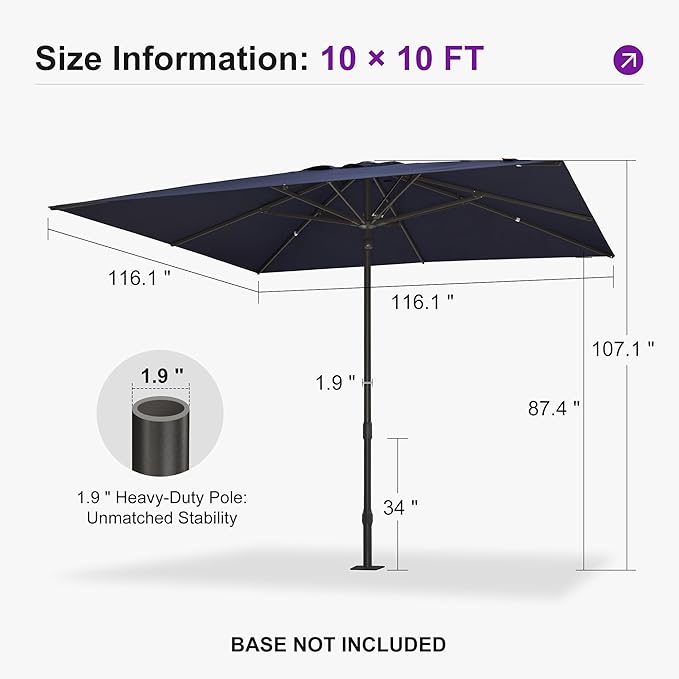 PURPLE LEAF 10' x 10' Square Semi-Auto Outdoor Patio Umbrella Aluminium Market Umbrella Table Sun Umbrella with 1.89" Rod and 8 Sturdy Ribs for Deck Lawn Pool Garden, Navy Blue