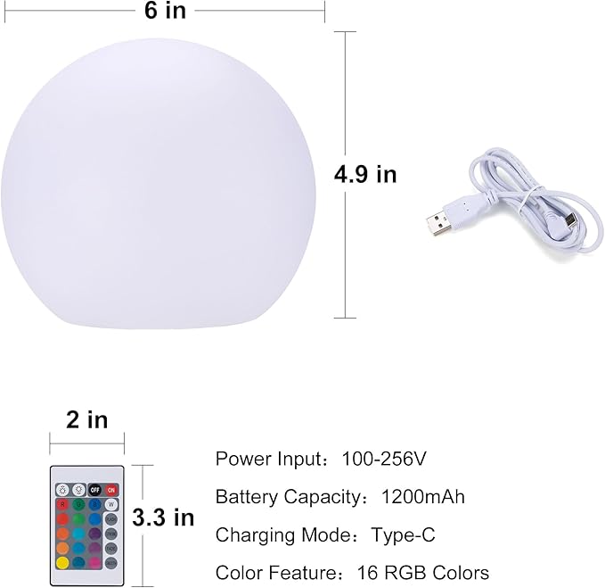 6 Inch Ball Light, Outdoor Glow Globe Light with Remote Control, LED Gazing Ball Night Light 16 Modes RGB Color Changing, Waterproof Globe for Garden Yard Pathway Decor