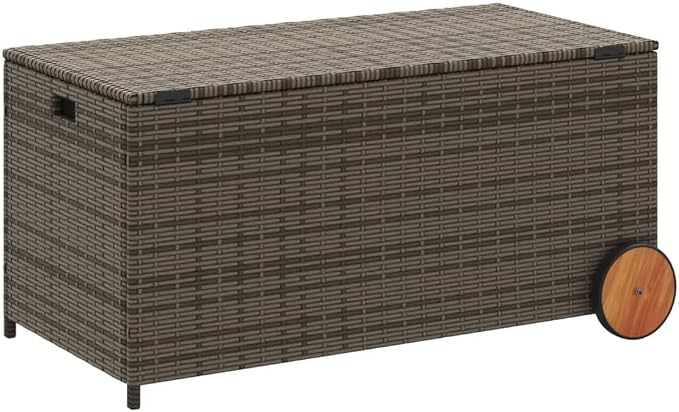 Outdoor Garden Storage Box with Wheels, Wicker Patio Deck Box, Outdoor Rattan Storage Container, Gray 50.2 Gal Poly Rattan