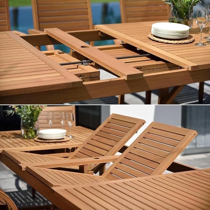 Amazonia Franklin 13-Piece Teak Finish Wood and Aluminum Rectangular Extendable Patio Dining Set | Ideal for Outdoors and Indoors