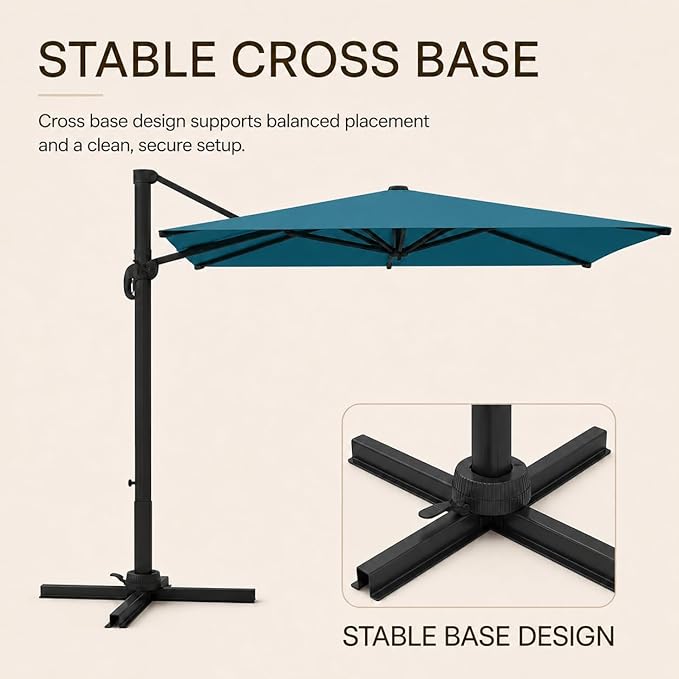Kingdura 9' X 9' Cantilever Patio Umbrella with Base Included, Large Square Outdoor Offset Umbrella with 360-degree Rotation, 4 Position Tilt, UV Protection for Pool Deck Garden Patio (Lake blue)