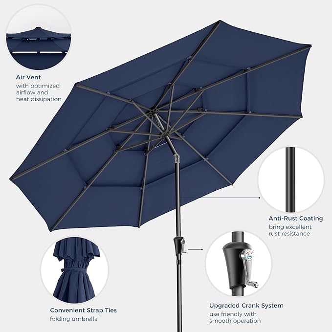 HOMSHADE 9FT 3-Tiers Outdoor Patio Umbrella with 5-Year Fade Resistant,Vented Outdoor Commercial Market Umbrella with UPF50+ UV Protection & Push Button Tilt and Crank for Pool,Backyard(Navy Blue)