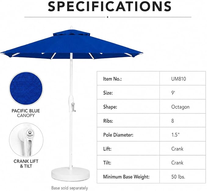 Treasure Garden 9ft Patio Umbrella - Outdoor Furniture Market Umbrella – Deluxe Auto-Tilt – White Aluminum Frame (Sunbrella, Pacific Blue)