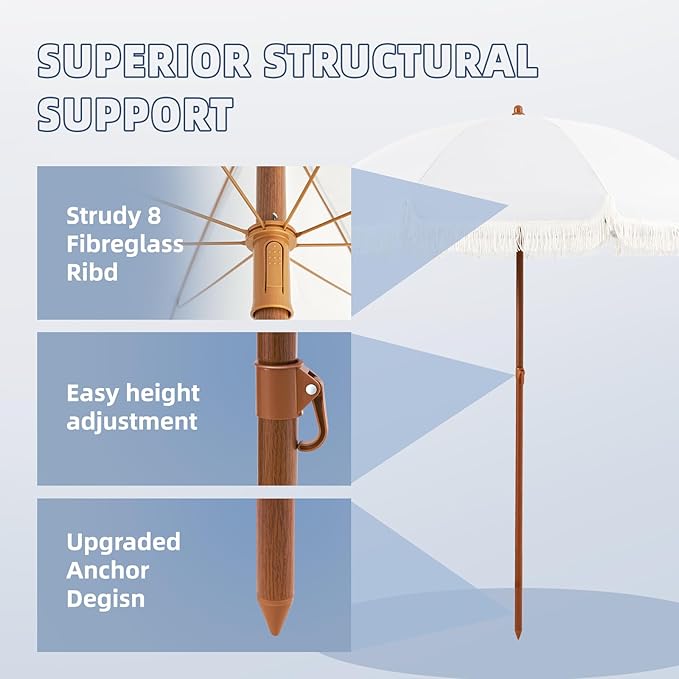 Aoxun 7ft Patio Umbrella with Fringe,Outdoor Beach Umbrella with Aluminum Pole, Ribs Push Button Tilt and Carry Bag, UV 50+ Picnic Tassel Umbrella (White)