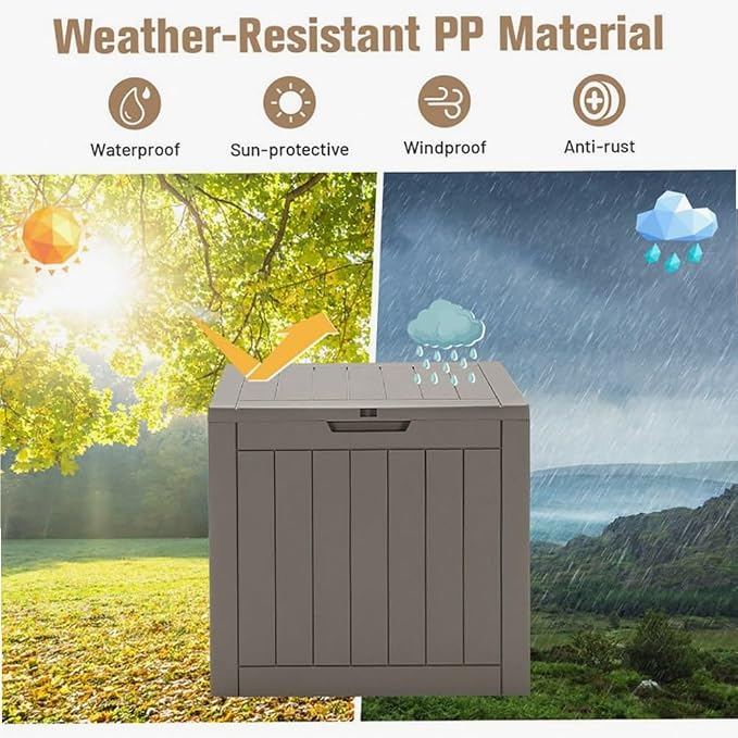 30-Gallon PP Light Brown Woodgrain Deck Box Lockable Waterproof for Outdoor and Patio Use 22x17x21in