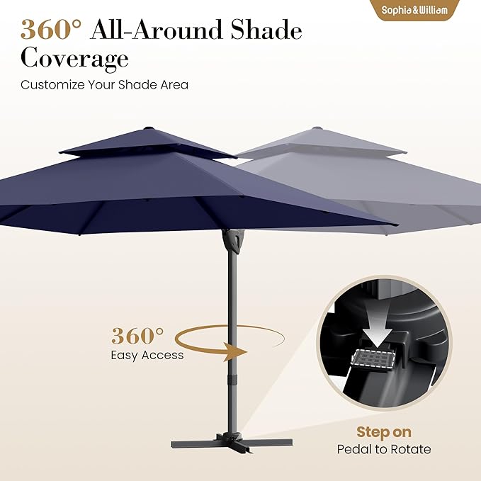 Sophia & William 12ft Cantilever Patio Umbrella with Base, Large Rectangular Umbrellas with 360-degree Rotation, Aluminum Pole for Garden Pool Backyard, Navy Blue