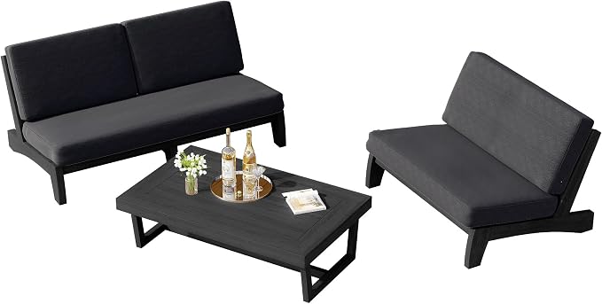 3 Piece Teak Outdoor Patio Frutnire Set, 5 Seater Patio Conversation Sets with Thick Cushions, Outdoor Sectional Furniture with Coffee Table - Dark Gray