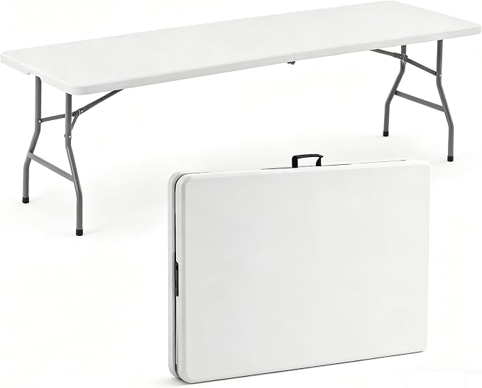 8 FT Heavy Duty Folding Table, Portable Plastic Table with Steel Legs & Carry Handle, Fold-in-Half Design for Indoor Outdoor, Party, Picnic, Camping, Dining (White)