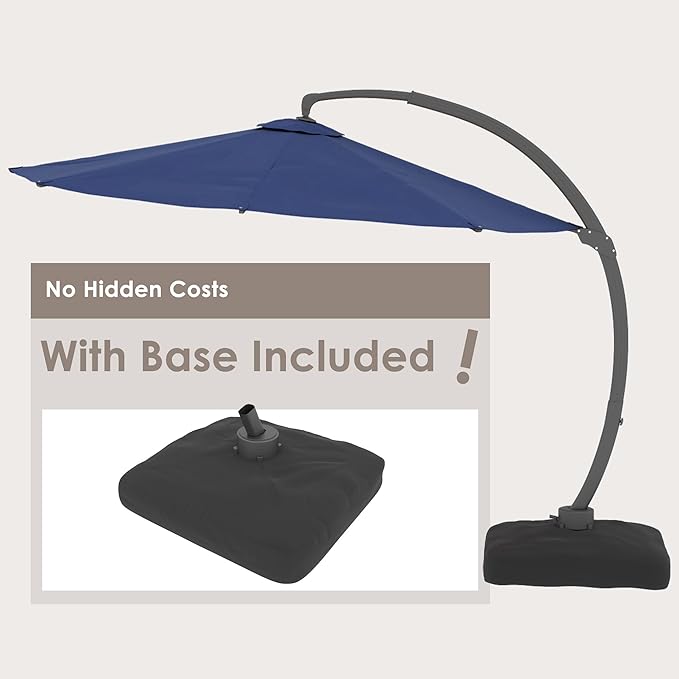 ENSTVER 11FT Solar Powered LED Light Cantilever Patio Umbrella With Base Included, Round Large Aluminum Outdoor Cantilever, Heavy Duty Offset Umbrella with 360°Rotation for Pool, Deck, Backyard