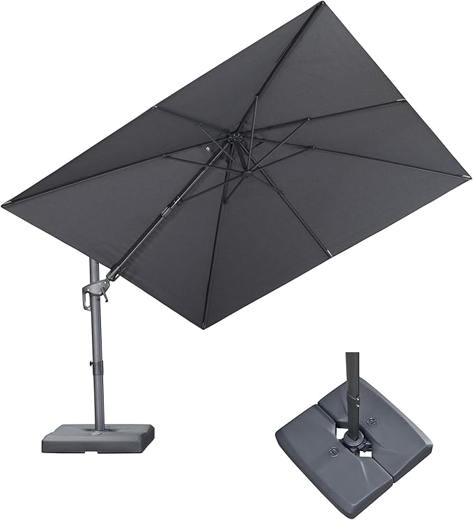 PURPLE LEAF 10' X 10' Swivel Outdoor Patio Aluminum Umbrella with Base Left-right Tilting Cantilever Offset Umbrella with UV Resistant Heavy Duty Fabric for Deck Pool Patio Backyard, Graphite Grey
