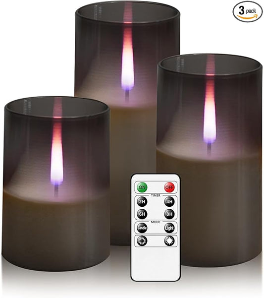 kakoya Flameless Candles Upgraded Realistic Flickering Flame,Battery Operated LED Candles with Remote Timers,Acrylic Electric Candles Set of 3(D 3" xH 4" 5" 6")（Grey）