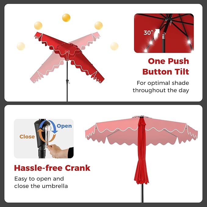 Tangkula 10 FT Solar Patio Umbrella with Base Included, 2-Tiers Outdoor Scalloped Table Umbrella with 32 LED Lights, 2 Sandbags, Tilt Adjustment, Crank, 8 Ribs for Market Backyard Pool Deck Beach Lawn (Red, 10 FT)