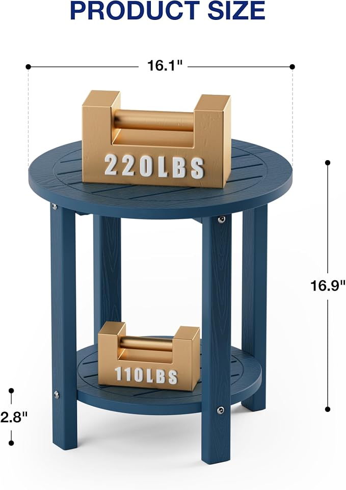 YEFU Outdoor Side Table for Patio: 16in HIPS Small Round Outdoor End Table - 2-Tier Adirondack Tables for Patio Porch Yard Poolside Living Room Beach Bedroom (Navy, 1 Pack)
