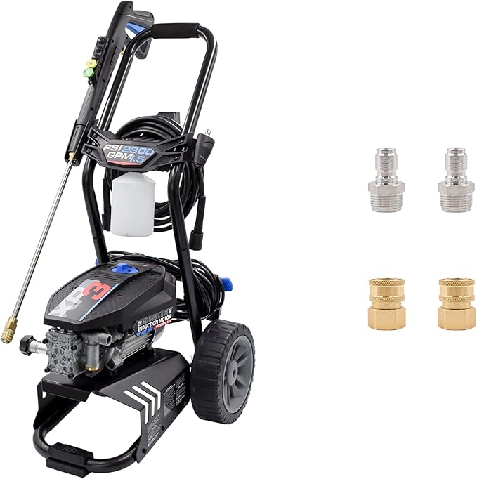 AR Blue Clean BMXP32300-BND2QC, Includes XP3 2300 Electric Pressure Washer with M22 Transfer Adapters. PSI, 1.5 GPM, Easy Connection Adapters, Trigger Gun, 25' Hose, 50 lbs, Black