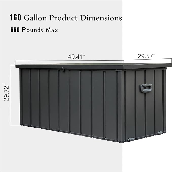 160 Gallon Outdoor Storage Box, Waterproof Deck Box, Patio Storage Bin with Lockable Lid, Deck Storage Containers for Patio Furniture Cushions, Pool Accessories, Garden Tools - Dark Gray