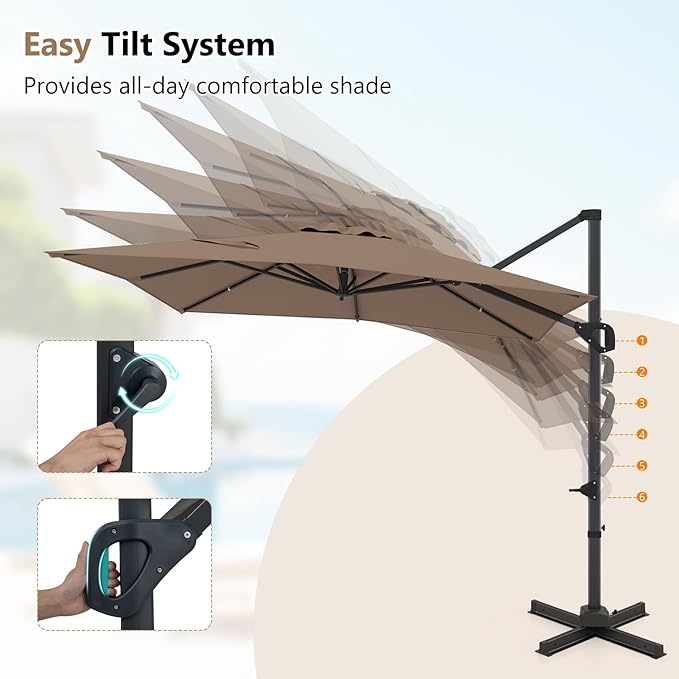 Tangkula 11 x 9 FT Patio Umbrella, Large Offset Cantilever Outdoor Umbrella with Aluminum Pole, 360 Degree Rotation, Tilt Adjustment, 8 Sturdy Ribs, Air Vent & Cross Base for Backyard Pool Garden Deck (Tan, 11x9 FT)