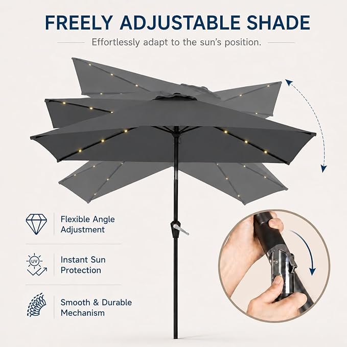 6.5 x 10ft Rectangular Patio Umbrella with Solar Lights, 16 LED Lighted Market Umbrella with Push-Button Tilt and Crank, 6 Sturdy Iron Ribs for Garden, Deck, Pool, Gray