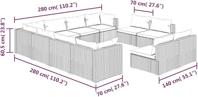Patio Furniture Sets,Outdoor loveseat,Patio Conversation Sets,11 Piece Patio Lounge Set with Cushions Black Poly RattanSuitable for Patio, Garden, Gazebo Low