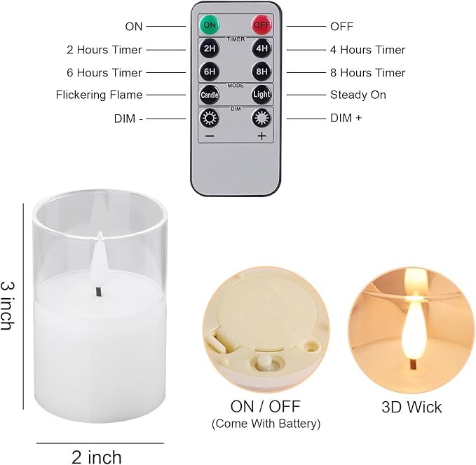 VIODAIM 12Pack Glass Flickering Flameless Candles with Remote, 2"X3" Real Wax Votive Candles Battery Operated, Small Electric LED Candles for Wedding Home Decor, w/4 Timers+2 Lighting Modes [Clear]