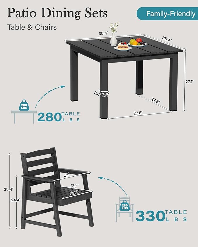 LOUNZY 5-Piece HDPE Patio Dining Set - Outdoor Square Table with 2" Hole Cut-Out & 4 Chairs,Black