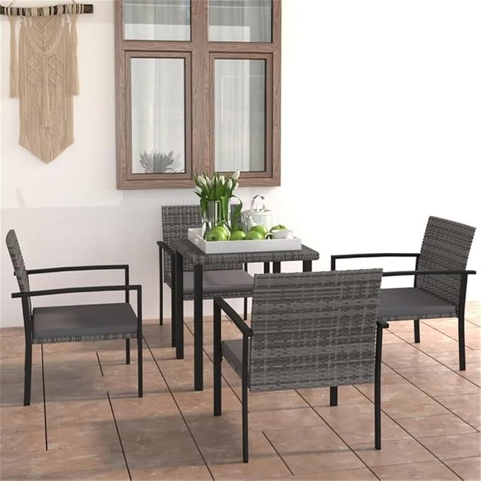 BOWERY HILL 5-Piece Patio Dining Set, Gray Poly Rattan, Weather-Resistant Outdoor Furniture with Cushioned Seating, Powder-Coated Steel Frame, Modern Garden or Backyard Set for 4 People Dining