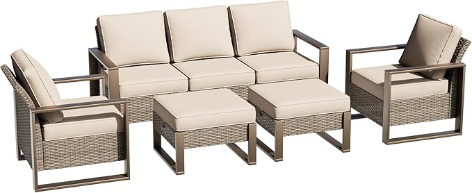5 Pieces Metal Wicker Patio Furniture Set - 75" Sofa, Two Armchairs and Two Ottomans, All Weather Rattan Outdoor Conversation Furniture with Washable Cushion for Deck Porch, Beige