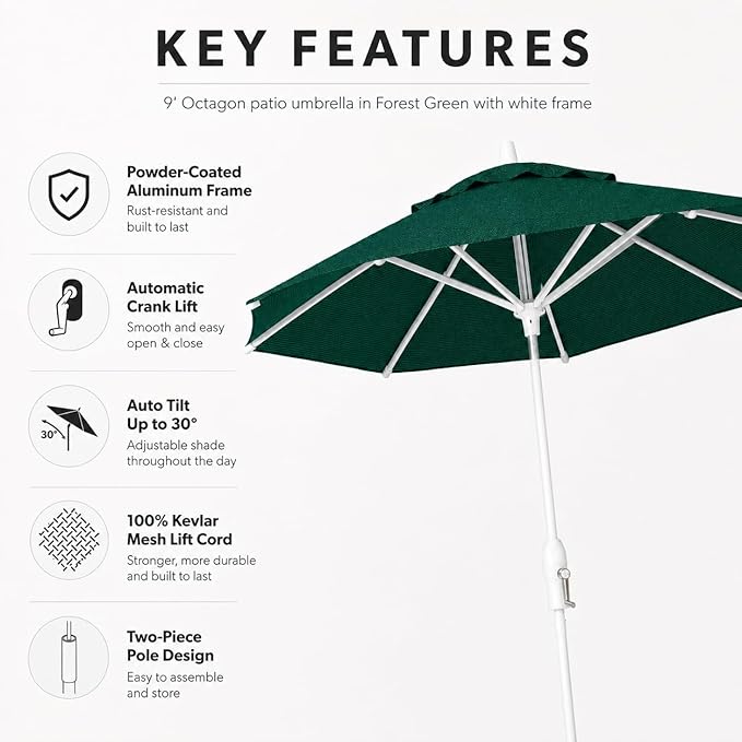 Treasure Garden 9ft Patio Umbrella - Outdoor Furniture Market Umbrella – Deluxe Auto-Tilt – White Aluminum Frame (Sunbrella, Forest Green)