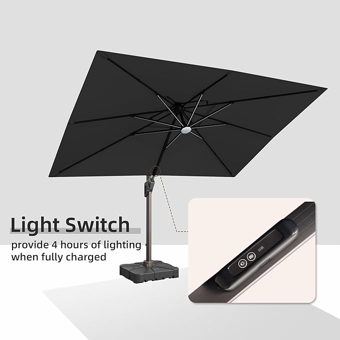 9 X 12 FT Cantilever Outdoor Patio Umbrella with Base Included Large Heavy Duty 360° Rotation Double Top Offset Rectangular Umbrellas with LED Lights for Backyard Outside Deck, Black