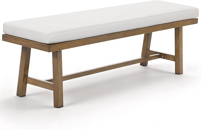 Teak Outdoor Patio Bench for 2 Person, Never-Rust Aluminum 57'' Backless Outdoor Bench with Removable Cushion, Weather-Resistant Outside Dining Benches for Porch, Deck, Garden, Backyard
