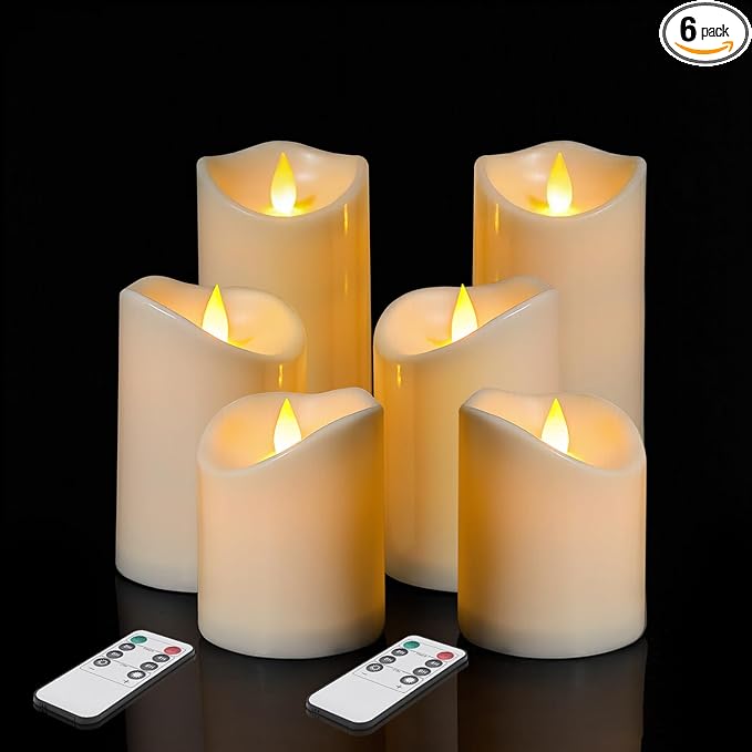 Flameless Candles 4" 5" 6" Set of 6 Outdoor Indoor Pillars Battery Operated Flickering Candles Include 8-Key Remote Timer Function, Ivory Fake Plastic Candles for Wedding, Aniversary,Christmas Decor