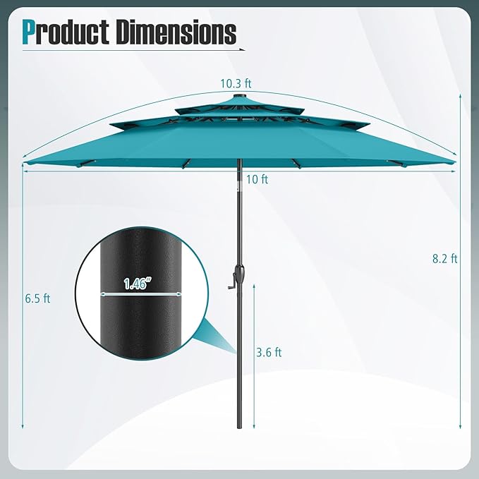 Tangkula 10 FT Solar LED Patio Umbrella, 3-Tier Vented Outdoor Market Table Umbrella with 32 LED Lights, Tilt Adjustment, Crank Handle, 8 Ribs for Backyard Pool Deck (Turquoise)