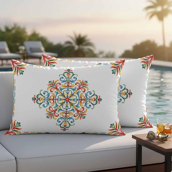 Geometric Flowers Outdoor Pillow Covers 20x12 Inch Lumbar Pillow Covers Set of 2 Waterproof Decorative Throw Pillow Cases Modern Abstract Colorful Floral Cushion Covers for Patio Furniture Garden