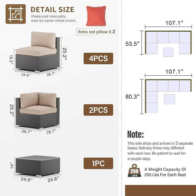 7 Piece Outdoor Sectional Sofa Patio Furniture Set Wicker with Cushions and Coffee Table, Outdoor Conversation Set for Backyard Garden Deck Lounge(Black)