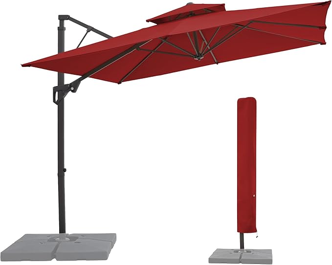 JEAREY 12ft 2-Tier Cantilever Patio Umbrella, Large Square Outdoor Offset Umbrella with Double Top Vent and 360-degree Rotation for Garden, Deck, Pool, Patio, Red
