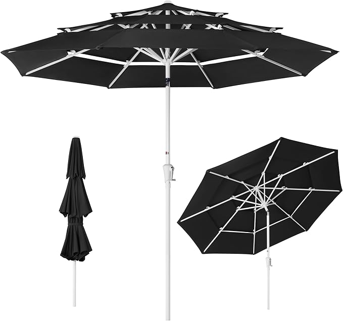 Best Choice Products 10ft 3-Tier Patio Umbrella White Pole, Outdoor Market Umbrella with Push Button Tilt and Crank Lift, Steel Pole Umbrella for Backyard Patio Pool Outdoor Shade