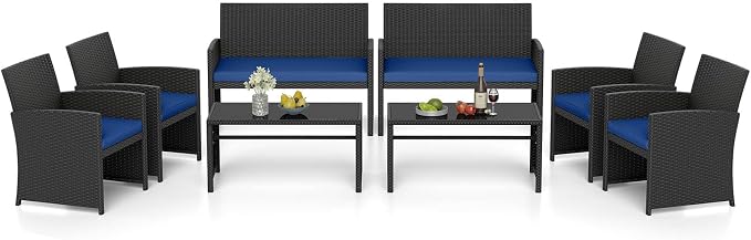 RELAX4LIFE 8-Piece Patio Furniture Set - Wicker Rattan Outdoor Sectional Sofa Set w/Glass Coffee Table, Loveseat, Chairs & Soft Cushions, Bistro Conversation for Garden Porch (2, Black-Navy)