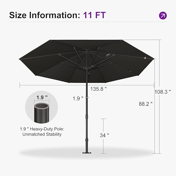 PURPLE LEAF 11Ft Round Semi-Auto Outdoor Patio Umbrella Aluminium Market Umbrella Table Sun Umbrella with 1.89" Rod and 8 Sturdy Ribs for Deck Lawn Pool Garden, Gray