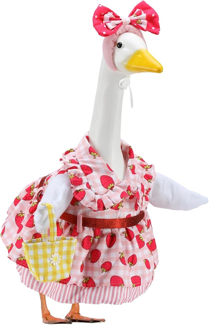 Summer Porch Goose Outfits for 23 Inch Lawn Statue | Strawberry Gril with Basket Costume for Plastic/Cement Statue, Spring Duck Sculpture Clothes for Yard Patio Party Decoration