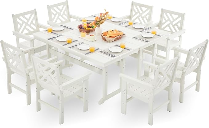 HDPE Outdoor Dining Set,10-Piece Outdoor Table and Chairs Include 8 Dining Chairs and 2 Pcs 62.5" Patio Dining Table with Umbrella Hole (White)