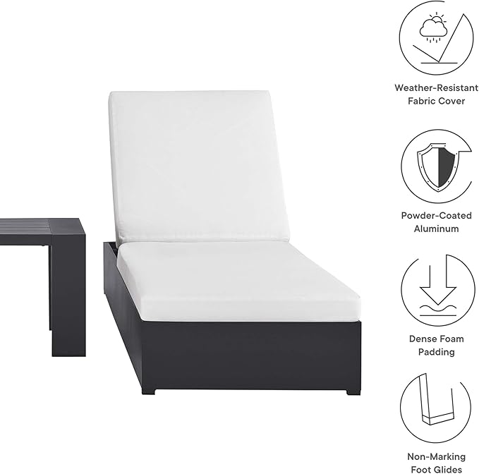 Modway Tahoe Aluminum Outdoor Patio Set of 2 Chaise Side Gray White, 3-Piece Set of Pool Lounge Chairs and Accent Table for Backyard Furniture