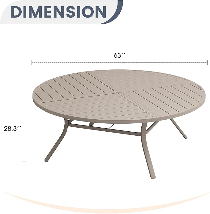VICLLAX 63" Round Patio Dining Table for 8-10, All Weather Metal Outdoor Table with 1.57" Umbrella Hole and Surdy Frame for Garden Lawn Deck, Sandshell