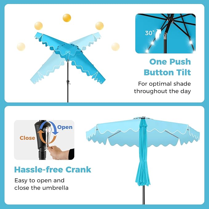 Tangkula 10 FT Solar Patio Umbrella with Base Included, 2-Tiers Outdoor Scalloped Table Umbrella with 32 LED Lights, 2 Sandbags, Tilt Adjustment, Crank, 8 Ribs for Market Backyard Pool Deck Beach Lawn (Turquoise, 10 FT)