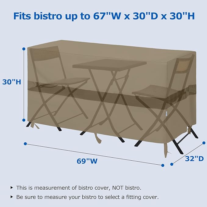 SunPatio Outdoor Bar Set Cover 69 Inch, Heavy Duty Waterproof Bistro Table Cover for 3-Piece Table and Chairs, All Weather Protection Furniture Protector with Air Vent, 69" W x 32" D x 30" H, Taupe